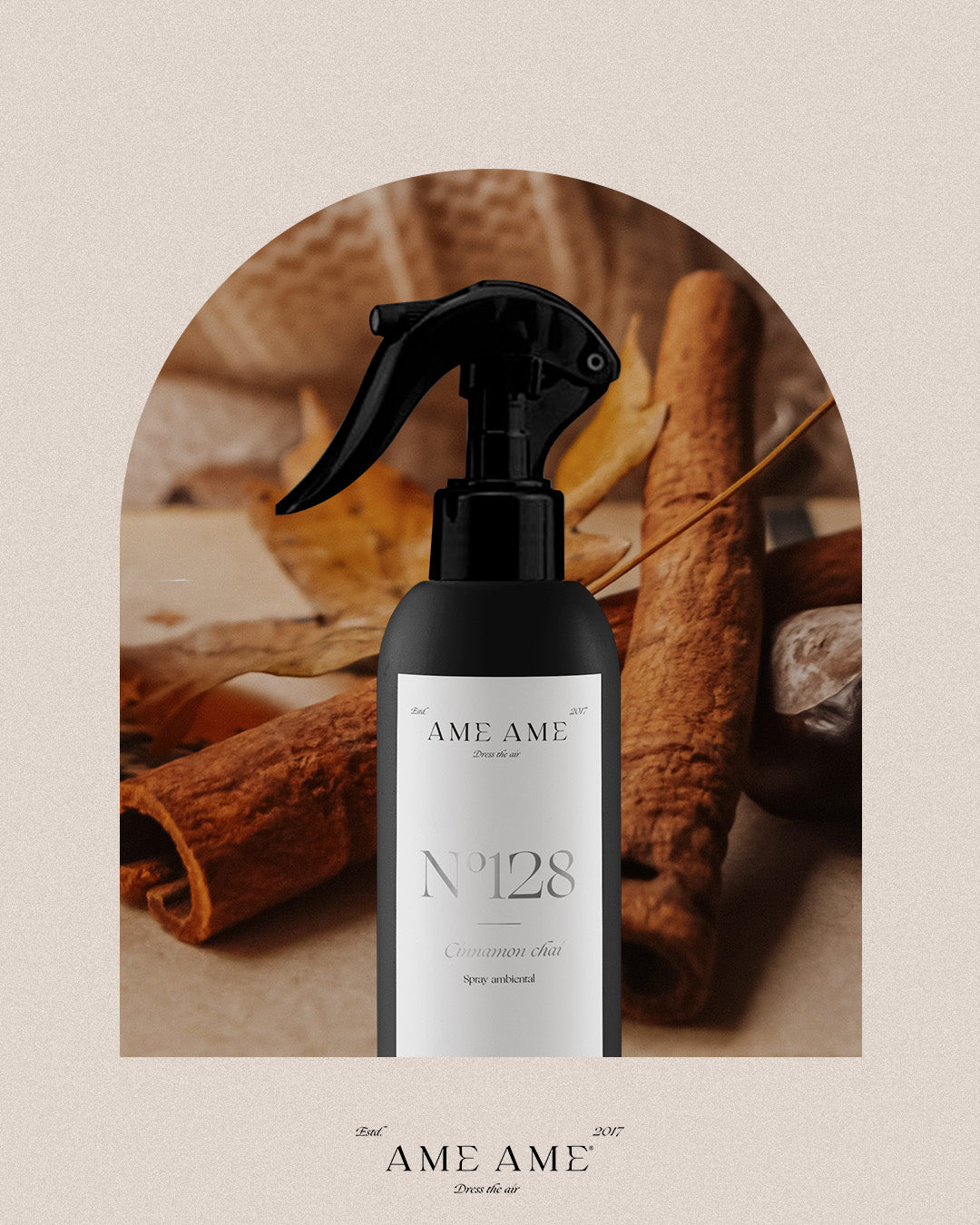 Spray Nº 128 Cinnamon Chai. Ame Ame. Fondo de canela